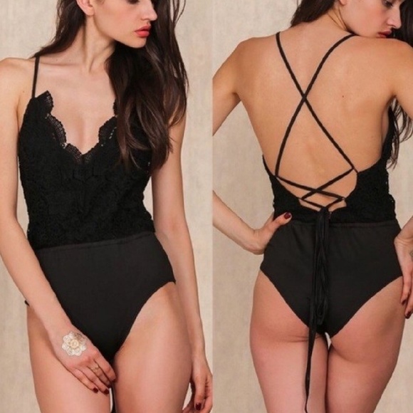 Tops - Black lace bodysuit with crisscross strappy back Tops - Black lace bodysuit with crisscross strappy back